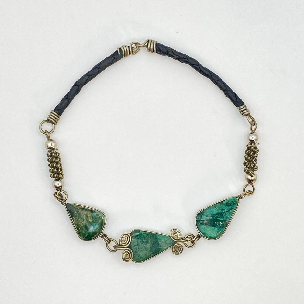 Vintage Hand Made Turquoise Leather Silver Tone Ethnic Southwest Bracelet